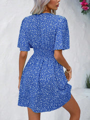 V Neck Short Sleeve Floral Ruched Dress