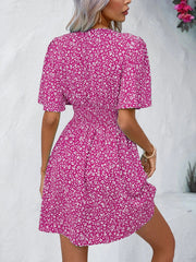 V Neck Short Sleeve Floral Ruched Dress