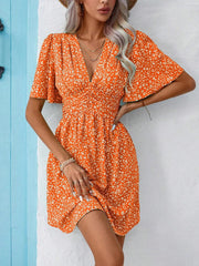 V Neck Short Sleeve Floral Ruched Dress