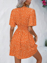 V Neck Short Sleeve Floral Ruched Dress