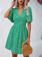 V Neck Short Sleeve Floral Ruched Dress