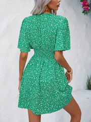 V Neck Short Sleeve Floral Ruched Dress
