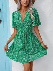 V Neck Short Sleeve Floral Ruched Dress