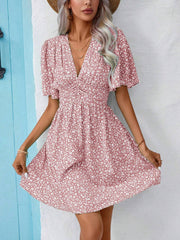 V Neck Short Sleeve Floral Ruched Dress