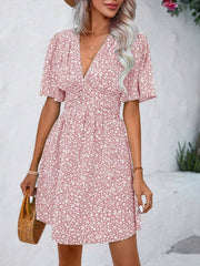 V Neck Short Sleeve Floral Ruched Dress
