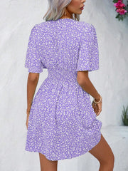 V Neck Short Sleeve Floral Ruched Dress