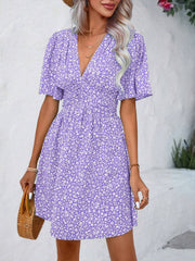 V Neck Short Sleeve Floral Ruched Dress