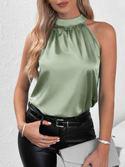 Satin Halter Neck Sleeveless Solid Color Tops