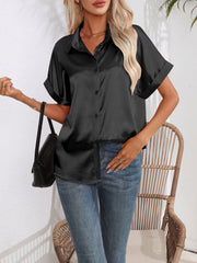 Satin Short Rolled Sleeve Solid Color Shirt