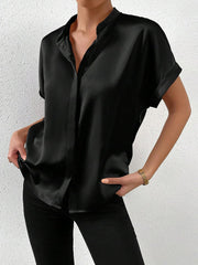 Solid Color Satin Short Sleeves Work Blouse