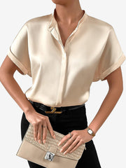 Solid Color Satin Short Sleeves Work Blouse