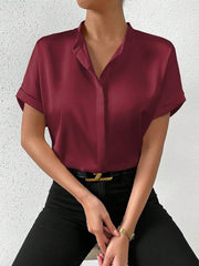 Solid Color Satin Short Sleeves Work Blouse