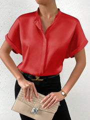 Solid Color Satin Short Sleeves Work Blouse
