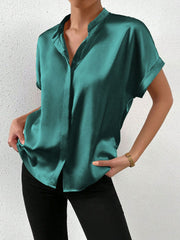 Solid Color Satin Short Sleeves Work Blouse