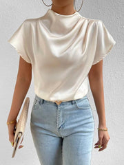 Ruched Mock Neck Satin Short Sleeves Blouse
