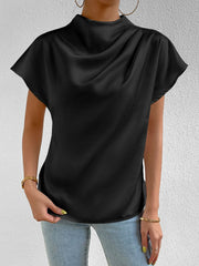 Ruched Mock Neck Satin Short Sleeves Blouse