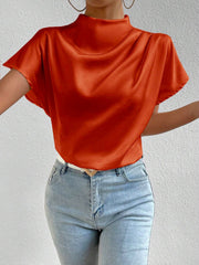 Ruched Mock Neck Satin Short Sleeves Blouse