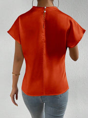 Ruched Mock Neck Satin Short Sleeves Blouse