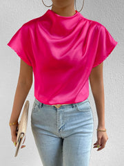 Ruched Mock Neck Satin Short Sleeves Blouse