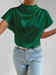 Ruched Mock Neck Satin Short Sleeves Blouse