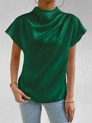 Ruched Mock Neck Satin Short Sleeves Blouse