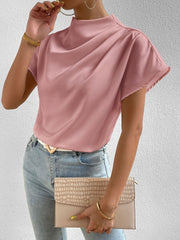 Ruched Mock Neck Satin Short Sleeves Blouse