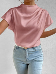 Ruched Mock Neck Satin Short Sleeves Blouse