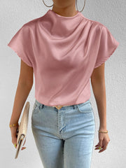 Ruched Mock Neck Satin Short Sleeves Blouse