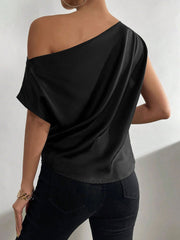 One Shoulder Ruched Asymmetrical Neck Satin Blouse