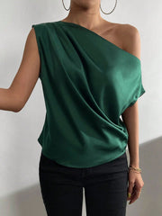 One Shoulder Ruched Asymmetrical Neck Satin Blouse