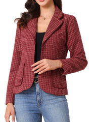 Plaid Tweed Notched Lapel Button Long Sleeve Blazer Jackets