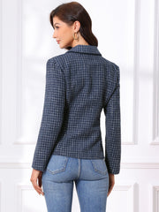 Plaid Tweed Notched Lapel Button Long Sleeve Blazer Jackets