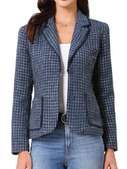 Plaid Tweed Notched Lapel Button Long Sleeve Blazer Jackets