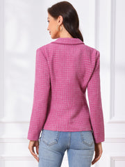 Plaid Tweed Notched Lapel Button Long Sleeve Blazer Jackets