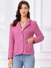 Plaid Tweed Notched Lapel Button Long Sleeve Blazer Jackets