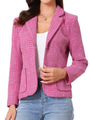 Plaid Tweed Notched Lapel Button Long Sleeve Blazer Jackets