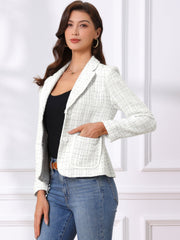 Plaid Tweed Notched Lapel Button Long Sleeve Blazer Jackets