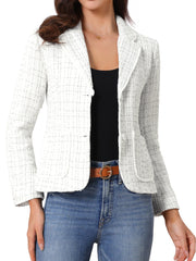 Plaid Tweed Notched Lapel Button Long Sleeve Blazer Jackets