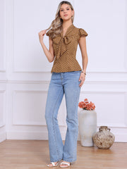 Summer Polka Dots Top Bow Tie V Neck Ruffled Cap Sleeve Office Blouse