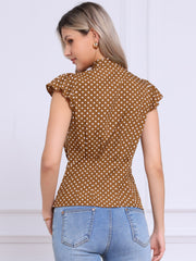 Summer Polka Dots Top Bow Tie V Neck Ruffled Cap Sleeve Office Blouse