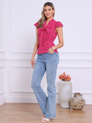 Summer Polka Dots Top Bow Tie V Neck Ruffled Cap Sleeve Office Blouse
