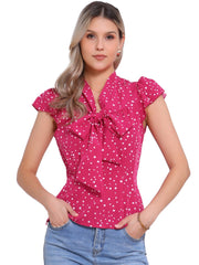 Summer Polka Dots Top Bow Tie V Neck Ruffled Cap Sleeve Office Blouse