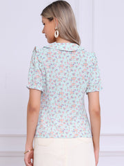Peter Pan Collar Puff Short Sleeve Ruffle Smocked Floral Blouse