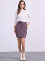 Faux Suede Casual High Waist Belted A-Line Mini Skirts
