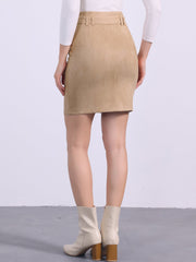 Faux Suede Casual High Waist Belted A-Line Mini Skirts