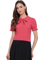 Peter Pan Collar Tie Neck Casual Cute Cotton Button-Up Shirt