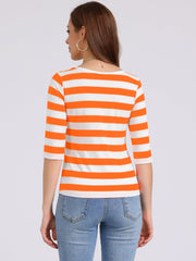 Striped 3/4 Sleeve Round Neck Casual T-Shirt