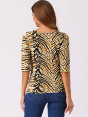 Striped 3/4 Sleeve Round Neck Casual T-Shirt