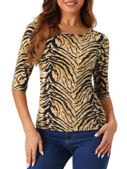 Striped 3/4 Sleeve Round Neck Casual T-Shirt