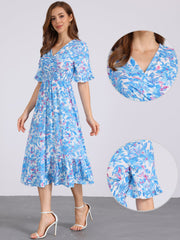 Floral Ruffled Hem Short Sleeve Smock Midi Dress